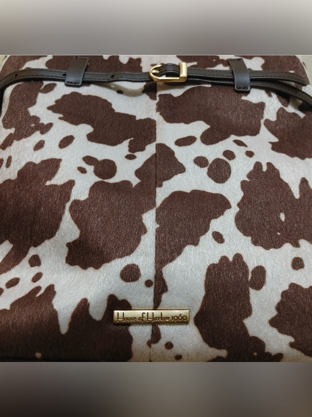 Y2K House of Harlow 1960 Brown and White Cowhide-Print Crossbody Cottagecore